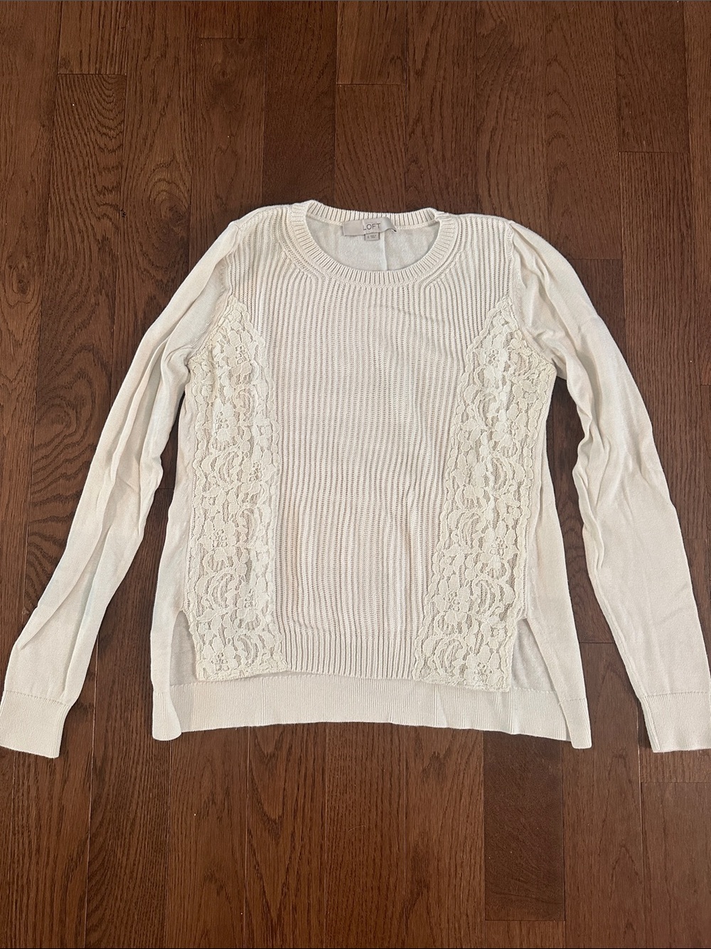 LOFT Cream Lace-Trim Scoop Neck Sweater